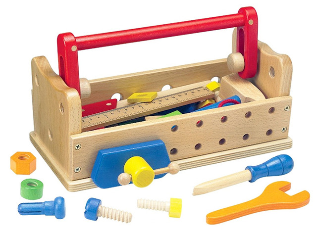 Speelmeubel - tafelwerkbank en gereedschapkist - accessoires inbegrepen - 29 x 17 x 13 cm - per set