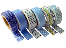 Kleefband - papiertape - fantasie - blauw - set van 6 assorti