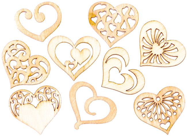 Hout - vormpjes - harten - set van 45 assorti
