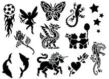 Schmink - sjablonen - MiKimFX Glittertattoo Stencils - tattoo - eenmalig gebruik - 5 x 5 cm - set van 12 assorti