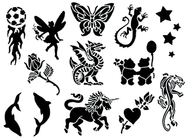 Schmink - sjablonen - tattoo - set van 12 assorti