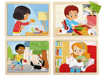 Themapuzzel - Nathan - zorg dragen voor dieren - 9 stukjes per puzzel - hout - set van 4 assorti