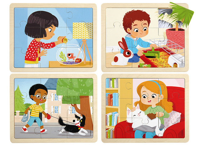 Puzzel - themapuzzel - Nathan - zorg dragen voor dieren - 9 stukjes per puzzel - hout - set van 4 assorti