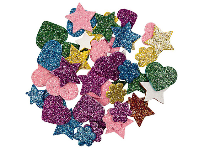 Stickers en mousse - néoprène - coeurs, étoiles et fleurs pailletés - autocollants - ass/800