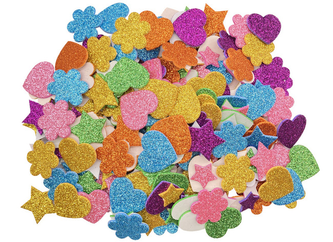 Stickers en mousse - néoprène - coeurs, étoiles et fleurs pailletés - autocollants - ass/800