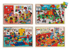 Themapuzzel - samen naar school - speelplaats, eetzaal, turnles, onthaalhoek - hout - set van 4 assorti