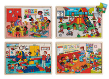 Themapuzzel - samen naar school - speelplaats, eetzaal, turnles, onthaalhoek - hout - set van 4 assorti