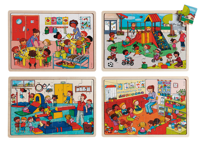 Themapuzzel - samen naar school - speelplaats, eetzaal, turnles, onthaalhoek - hout - set van 4 assorti
