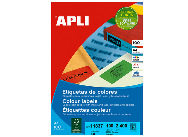 étiquettes Colorées - A4 - 24 Etik/flle - 4coul X 25 Flles