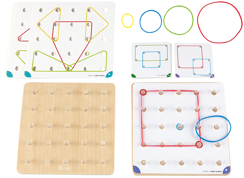 Géoplan en bois avec cartes de modèle d'activité et rubans en