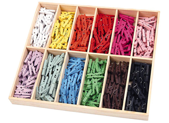 Wasknijpers - mini - gekleurd - hout - met houten box - set van 288 assorti