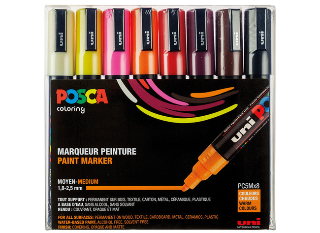 Stiften - verfstiften - Posca - PC5M - warme kleuren - set van 8 assorti