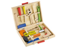Speelgoed gereedschap - gereedschapskist - hout - toolbox - set van 12 assorti
