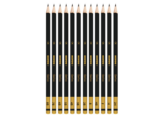 Potloden - grafietpotloden - Kores - 2H, H, F, HB, B, 2B, 3B, 4B, 5B, 6B, 7B, 8B - driekantig - doos - set van 12 assorti