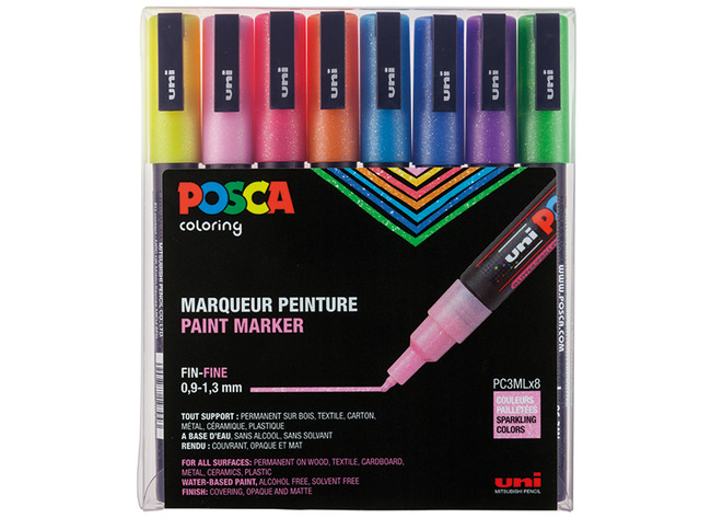 MARQUEURS POSCA PC3M - COUL.  PAILLETTÉES - SET/8