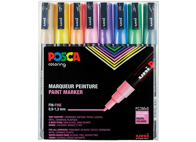 Stiften - verfstiften - Posca - PC3M - pastel - set van 8 assorti