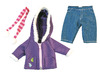 Poppen - kleding - Miniland - herfst/winter - jeansbroek met jas en sjaal, salopette met trui en muts, kleedje met legging en muts - 32 cm - per set