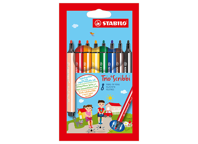Stiften - kleurstiften - Stabilo Trio Scribbi - driekantig - 2 mm - set van 8 assorti