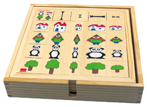Denkspel - houten kist met 4 spelborden - diagrammen - kleuren en begrippen - per spel