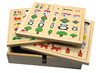 Denkspel - houten kist met 4 spelborden - diagrammen - situaties en posities - per spel