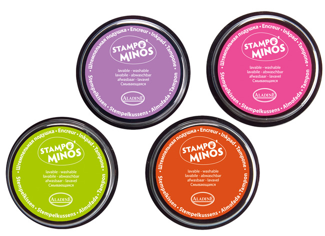 Inktkussens - stempels - Stampo'minos - 8 cm diameter - lime, hazelnoot, paars, fuchsia - set van 4 assorti