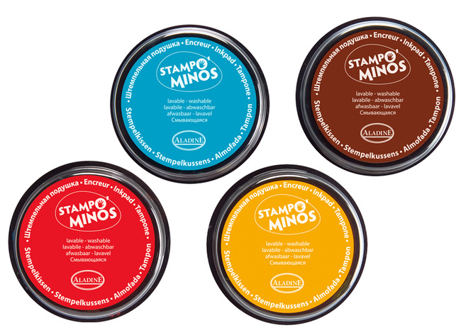 Inktkussens - stempels - Stampo'minos - 8 cm diameter - turkoois, bruin, geel, rood - set van 4 assorti