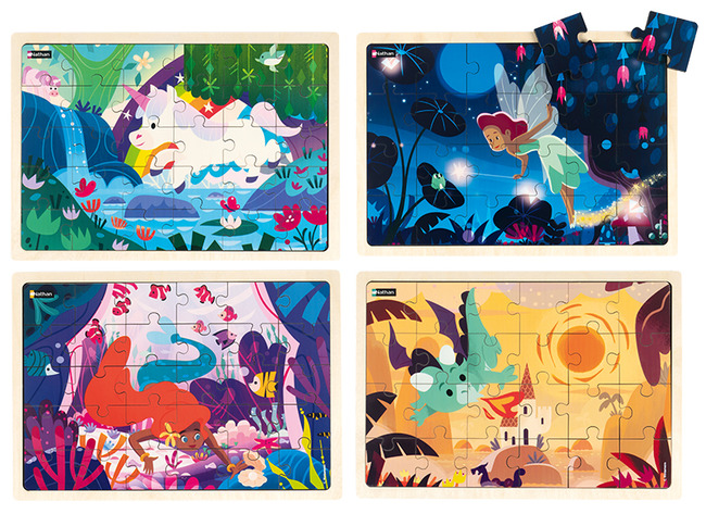Puzzel - themapuzzel - Nathan - sprookjes - zeemeermin - elfje - draak - unicorn - hout - set van 4 assorti