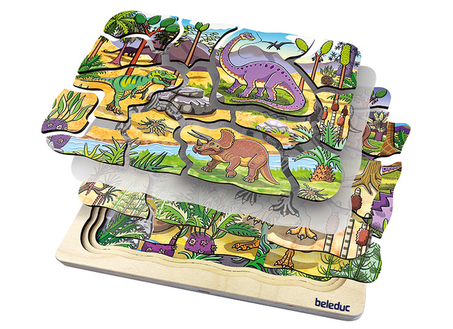 Lagenpuzzel - 4 in 1 puzzel - dino's - 44 stukjes - glow in the dark - hout - per stuk
