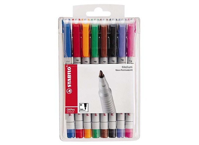 Stiften - whiteboard stiften - Stabilo OHPen - medium - gekleurd - set van 8 assorti