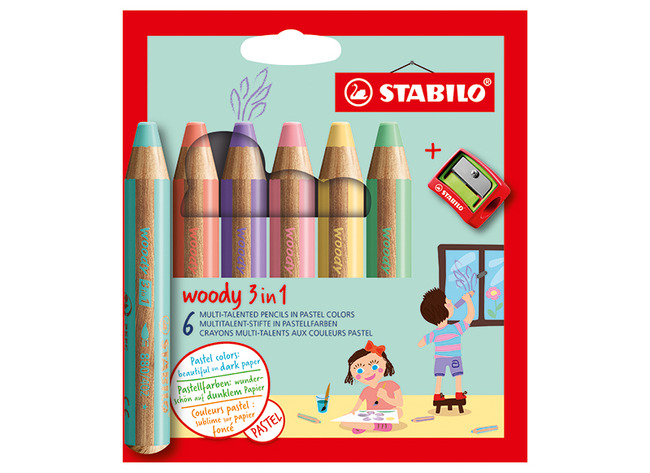 Waspotlood - Stabilo Woody - 3 in 1 - pastelkleuren - set van 6 assorti