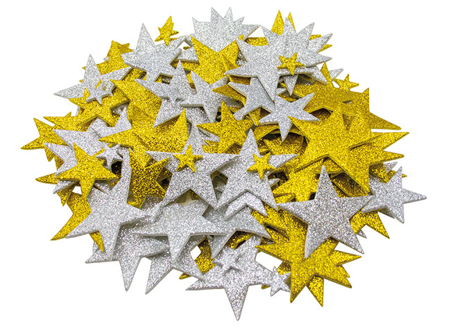 Figuren - ster - foam - glitter - goud/zilver - set van 150 assorti