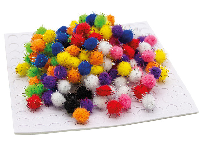 Pompons - glitter - 10 mm - zelfklevend - basiskleuren - decoratie - set van 150 assorti