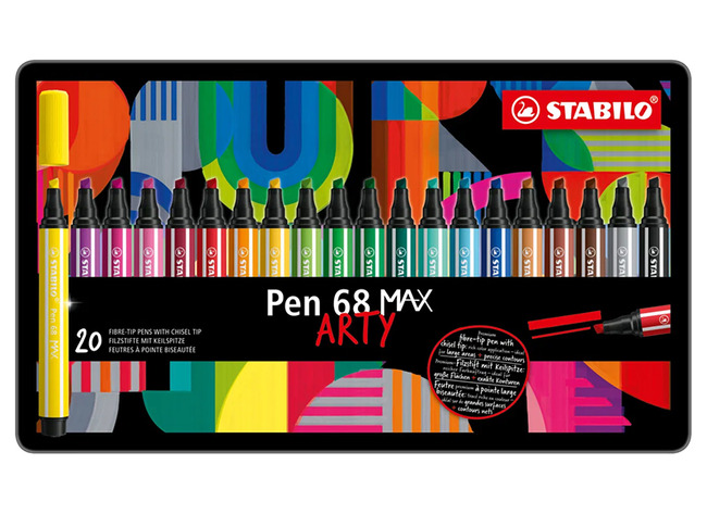 Stiften - kleurstiften - Stabilo Pen 68 Max Arty - XL beitelpunt - metaaletui - set van 20 assorti