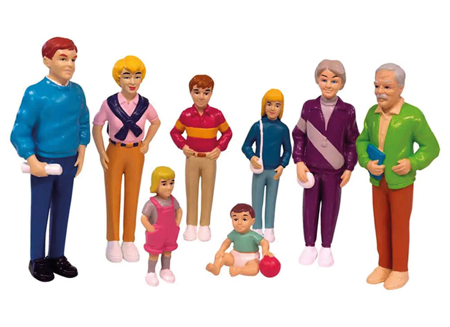 Poppen - spelfiguren - Miniland - europees gezin - 3 generaties - set van 8 assorti