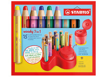 Waspotlood - Stabilo Woody - 3 in 1 in deskset - incl. slijper met opvangbakje - set van 15 assorti