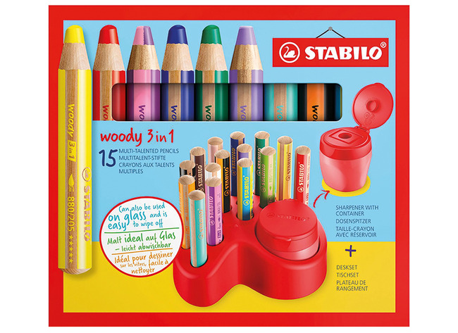 Potloden - waspotloden - Stabilo Woody Experience Set - in deskset incl. slijper met opvangbakje - set van 15 assorti