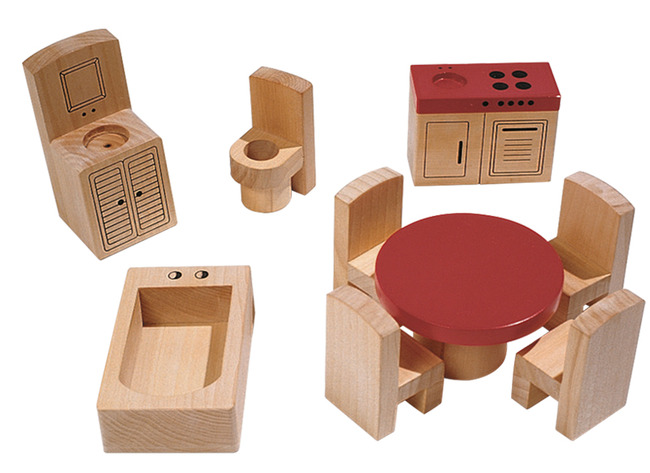 Poppenhuis - poppenmeubels - hout - badkamer en keuken - per set
