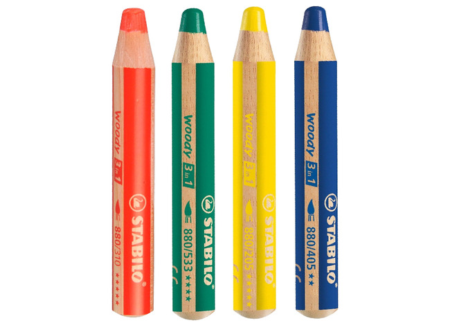 Waspotlood - Stabilo Woody - 3 in 1 - basiskleuren - set van 4 assorti