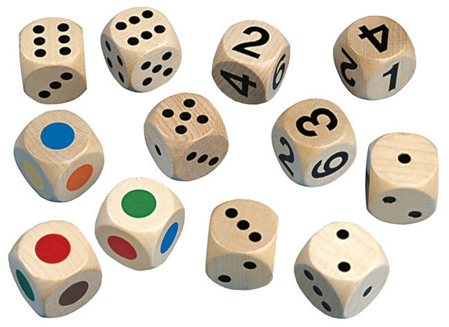 Dobbelstenen - 3 x 3 cm - hout - set van 12 assorti