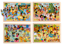 Themapuzzel - feest op school - kerstmis, carnaval, verjaardag, schoolfeest - hout - set van 4 assorti