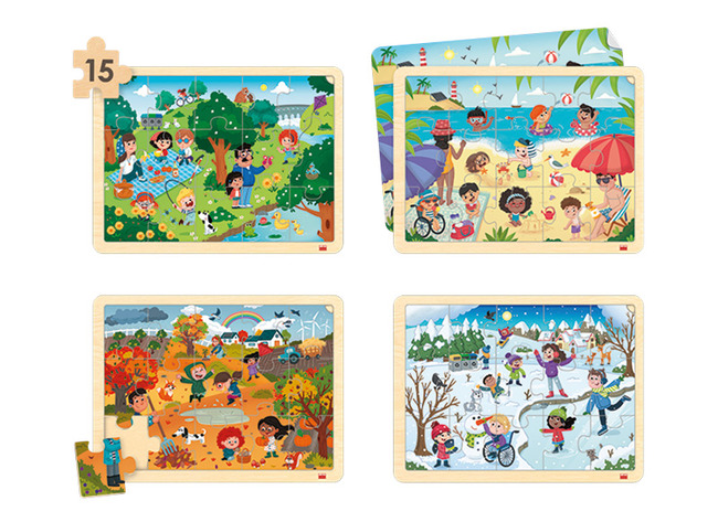 Puzzel - 4 seizoenen en duurzame wereld - 15 stukjes - hout - set van 4 assorti