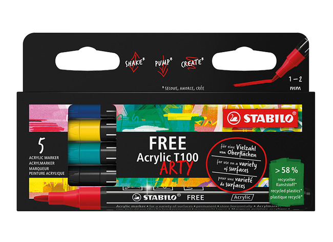 stiften - acrylstiften - Stabilo FREE Acrylic ARTY T100 - set van 5