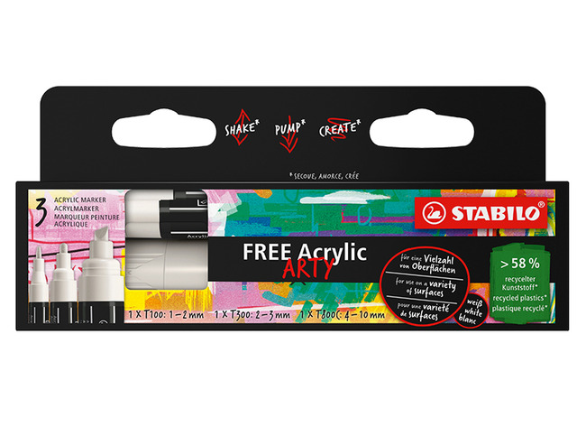 Stiften - acrylstiften - Stabilo FREE Acrylic ARTY Mixed Tip - wit - set van 3 assorti