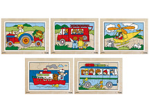Puzzel - verhaalpuzzel - transport - voertuigen - 12 stukjes per puzzel - hout - set van 5 assorti