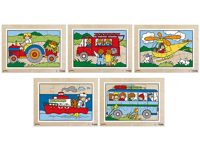Puzzel - verhaalpuzzel - transport - voertuigen - 12 stukjes per puzzel - hout - set van 5 assorti