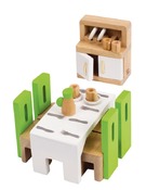Poppenhuis - Hape - eetkamer - hout - tafel - stoelen - servies - per set