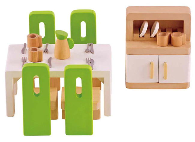 Poppenhuisaccessoires - eetkamer - Hape Dining Room - hout - tafel - stoelen - servies - per set