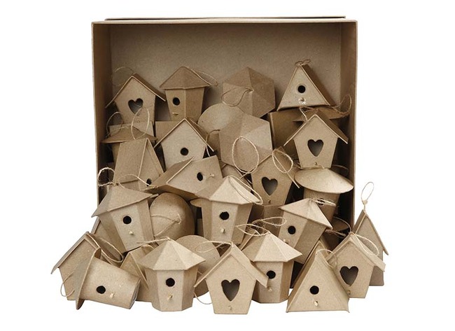 Figuren - papier-maché - mini-vogelhuisjes - voordeelpakket - set van 60 assorti