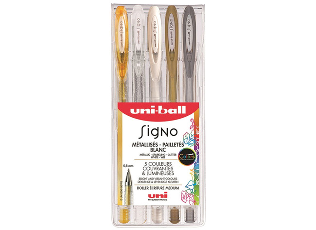 Pen - rollerpen - Uni-ball Signo - 0,8 mm - metallic - set van 5 assorti