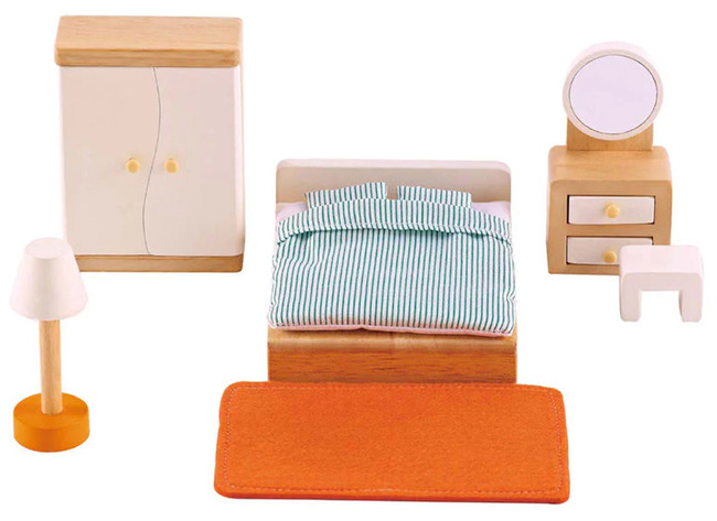 Poppenhuis - Hape - slaapkamer - poppenmeubels - hout - accessoires - per set